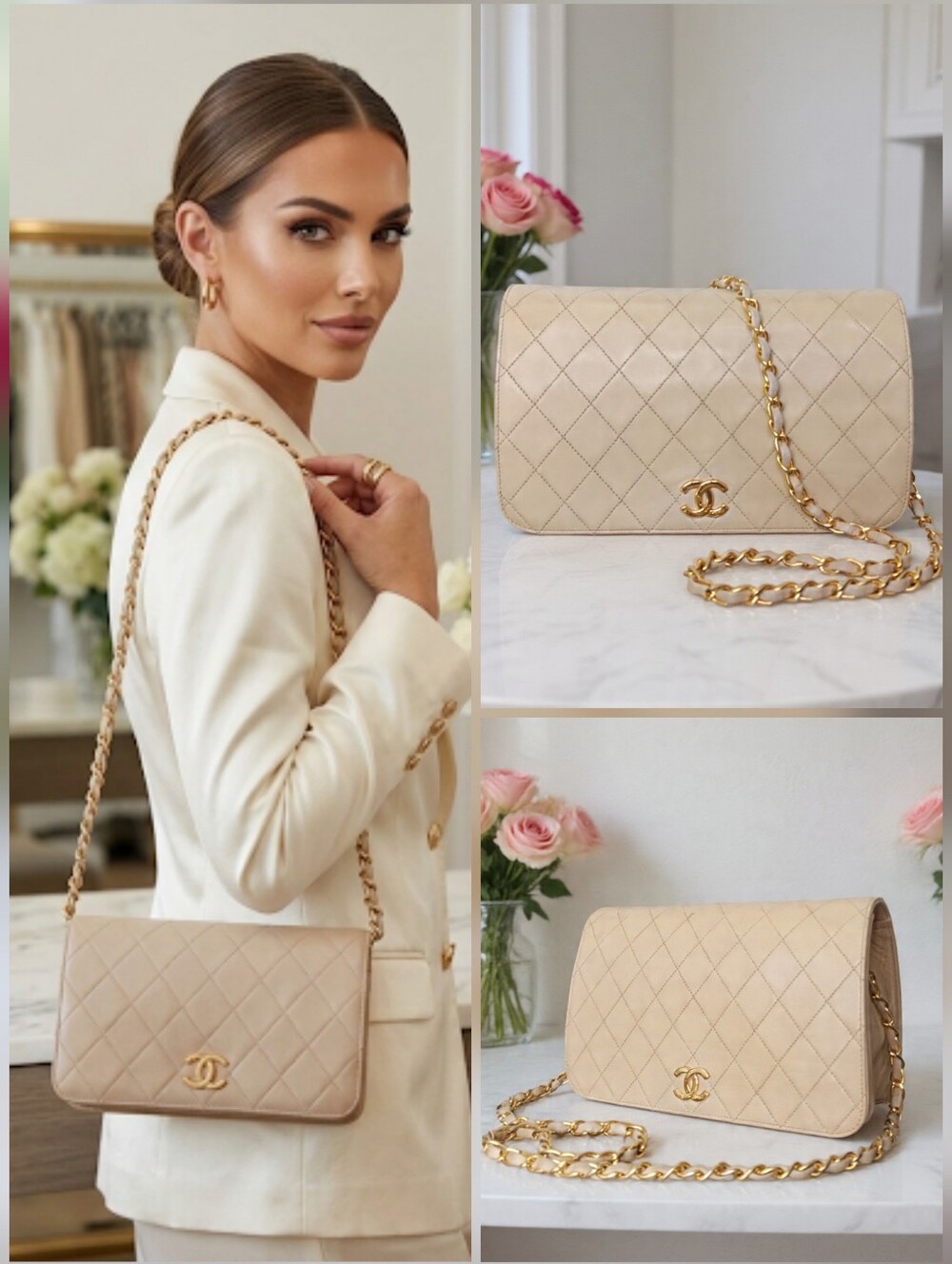 Chanel ✨️ Vintage Medium Full Flap Cream Beige Lambskin 24K GHW - Picture 2 of 15